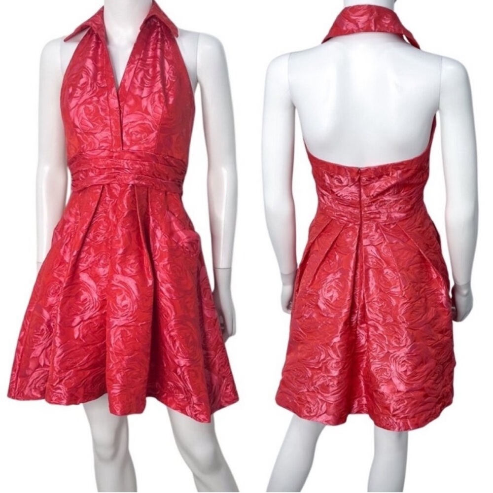 THEIA | Jacquard Textured Halter A-Line Dress - Picture 2 of 7